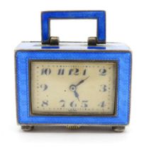 Art Deco silver and blue guilloche enamel novelty clock handwind working Juveni 15 jewel