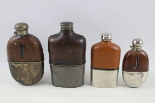 4 x Hip Flasks Inc Crocodile / Ostrich Skin, Silver Plated // Items are in vintage condition Signs