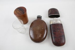 Leather Bound Hip Flasks & Mauchline Ware Glass Case, 3 Items // Items are in vintage condition