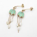 9ct gold blue enamel & rice pearl ornate drop earrings (2.2g)