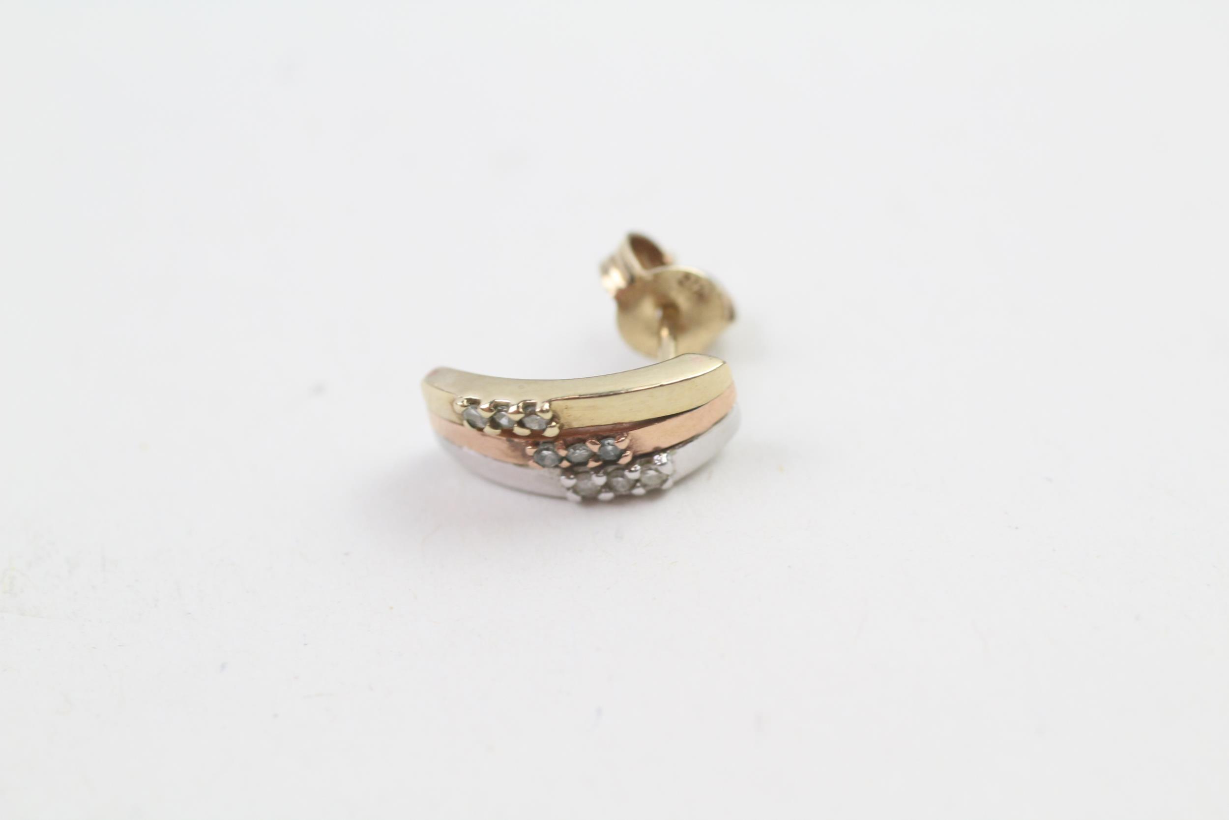 9ct gold three-tone gold diamond half hoop earrings (2.3g) - Image 2 of 4