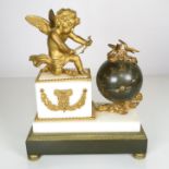 Marble and ormolou mantle clock with cherubs and globe - clock is running - 240mm high x 200mm