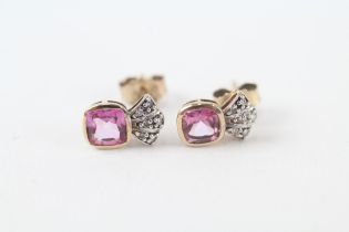 9ct gold pink topaz & diamond stud earrings (1.5g)