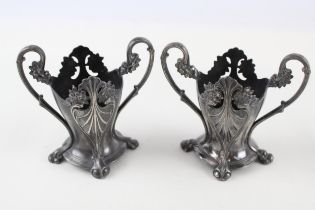 2 x Antique Art Nouveau Pewter Twin Handled Bud Vases / Pots (419g) - Height - 10.5cm In antique