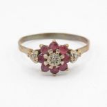 9ct gold vintage ruby & diamond cluster ring (2.4g) - MISHAPEN - AS SEEN Size X 1/2