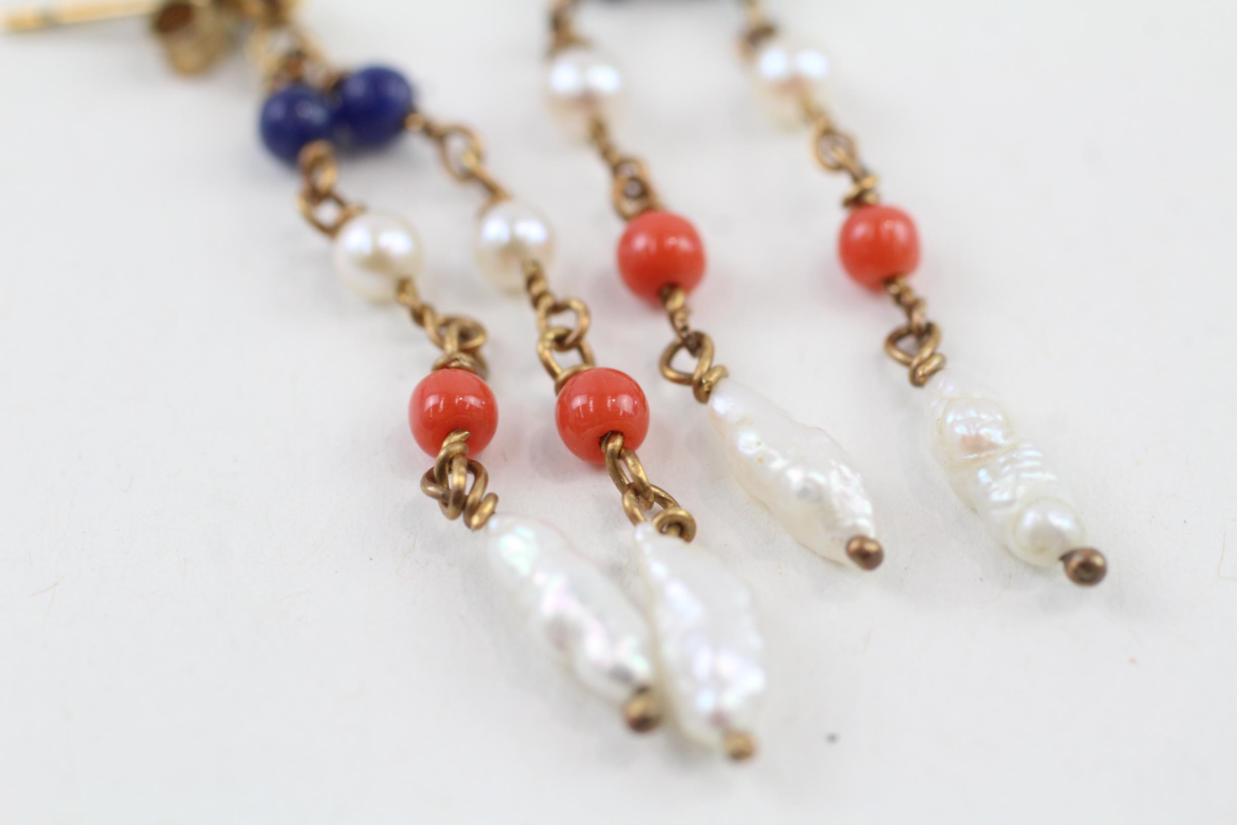 9ct gold pearl, coral & lapis lazuli double drop earrings (2.8g) - Image 4 of 5