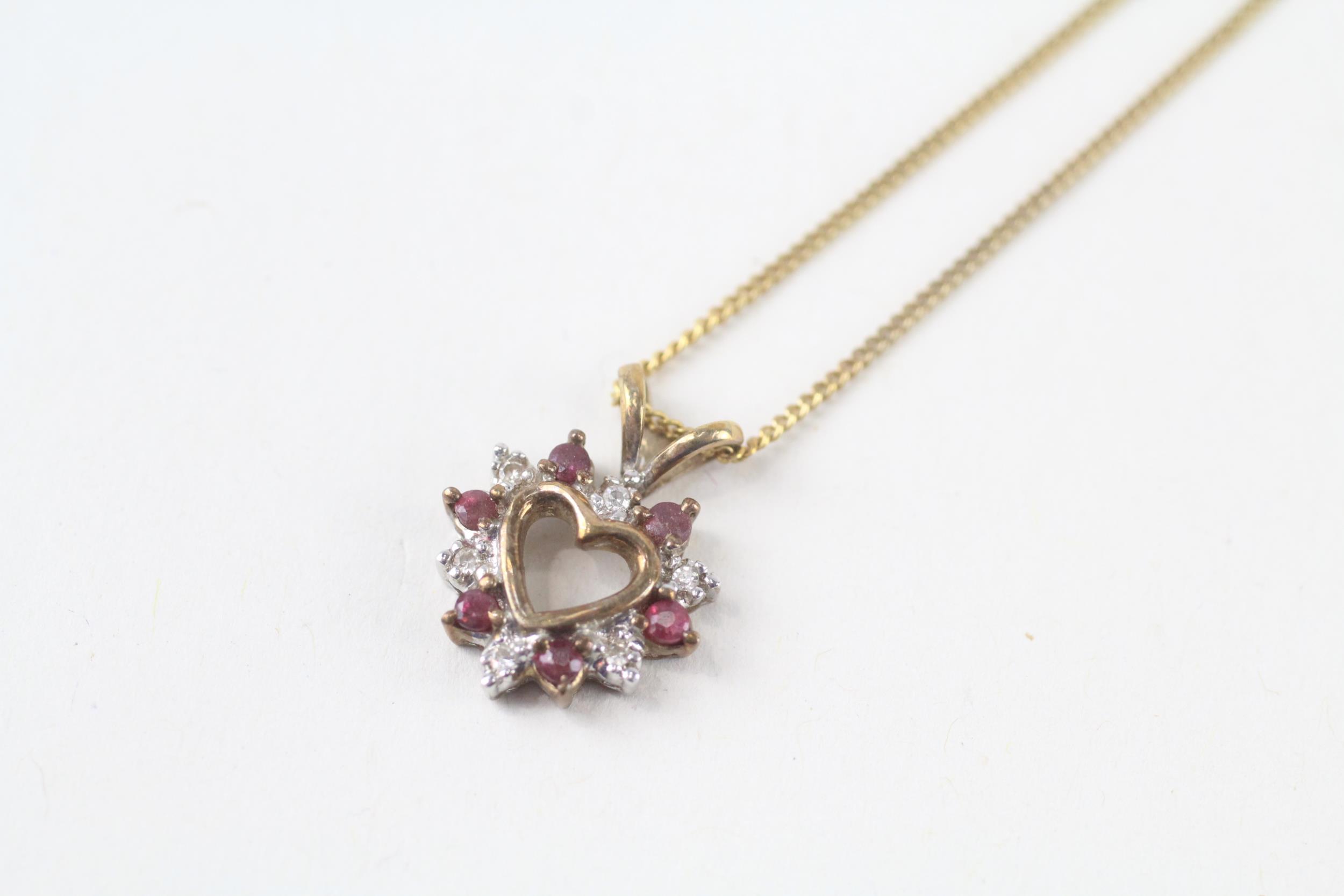 9ct gold ruby & diamond heart-shaped cluster pendant necklace (2.3g)