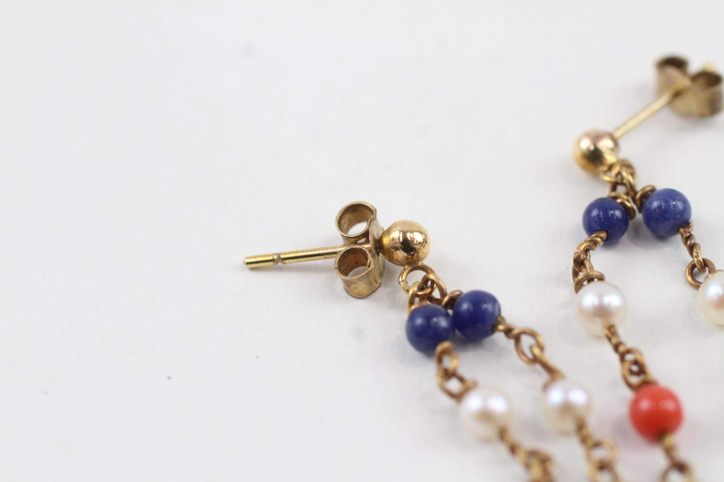 9ct gold pearl, coral & lapis lazuli double drop earrings (2.8g) - Image 2 of 5