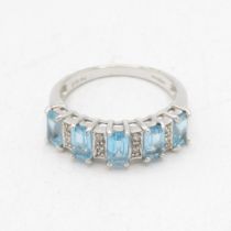 9ct white gold emerald cut blue topaz & diamond half eternity ring (2.9g) Size N