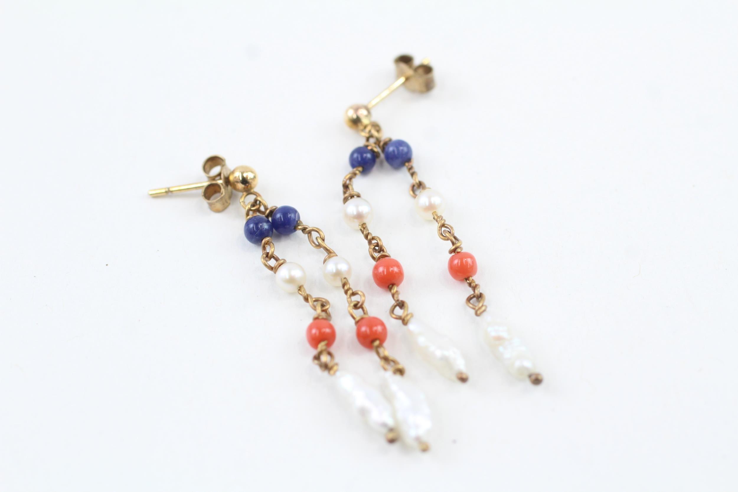 9ct gold pearl, coral & lapis lazuli double drop earrings (2.8g)