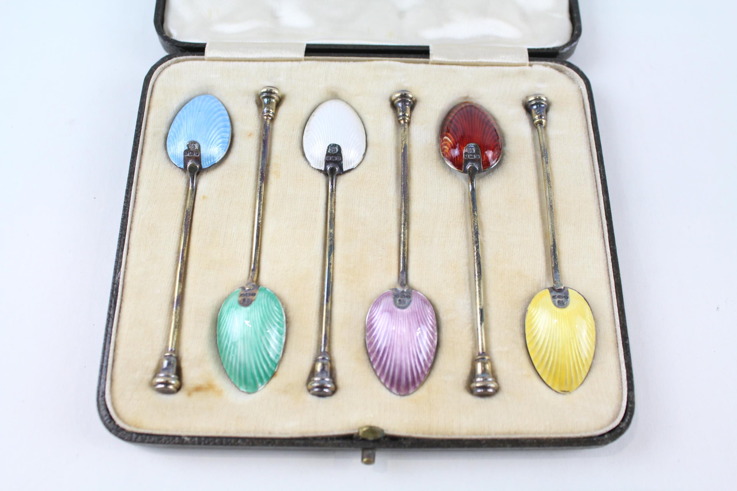 6 x Antique 1914 Birmingham STERLING SILVER Guilloche Enamel Coffee Spoons 58g - w / Fitted Case