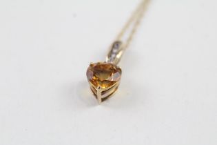 9ct gold heart cut citrine & diamond drop pendant necklace with white sapphire set bail (1.9g)