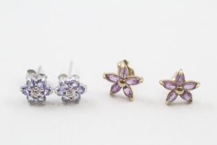 2x 9ct gold amethyst, tanzanite & diamond cluster stud earrings with scoll backs (1.8g)