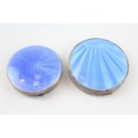 2 x Vintage Hallmarked .925 Sterling Silver Blue Guilloche Enamel Compacts (83g) - In vintage