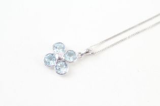 9ct white gold blue topaz & diamond cluster pendant necklace (2g)