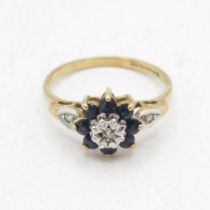 9ct gold vintage sapphire & diamond cluster ring (1.8g) Size K