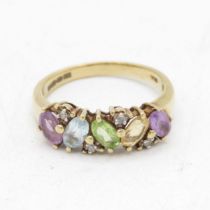 9ct gold amethyst, peridot, topaz, citrine & diamond cluster ring (2.9g) Size O