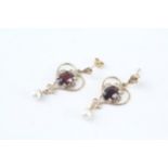 9ct gold vintage oval cut garnet & faux pearl heart shaped drop earrings with a scroll pieced