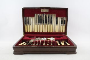 Cooper Bros & Sons Cutlery Set Stainless Ivorine w/ Wooden Canteen - Vintage Cutlery Set EPNS Fish