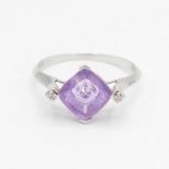 9ct white gold amethyst & diamond dress ring by Lehrer (2.3g) Size R 1/2