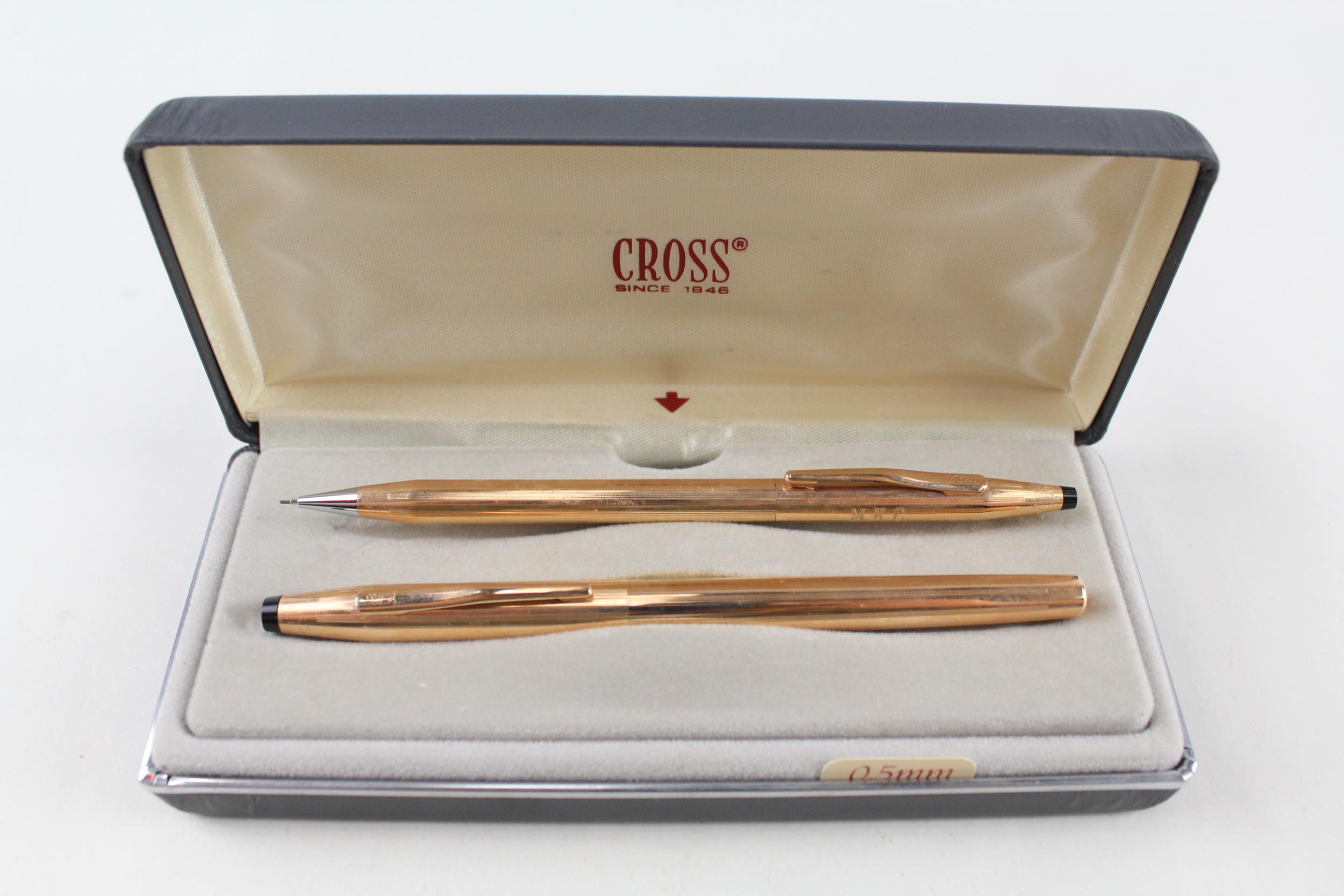 Vintage CROSS Century Classic Gold Plated Fountain Pen w/ 14ct Nib, Pencil, Box - w/ Personal