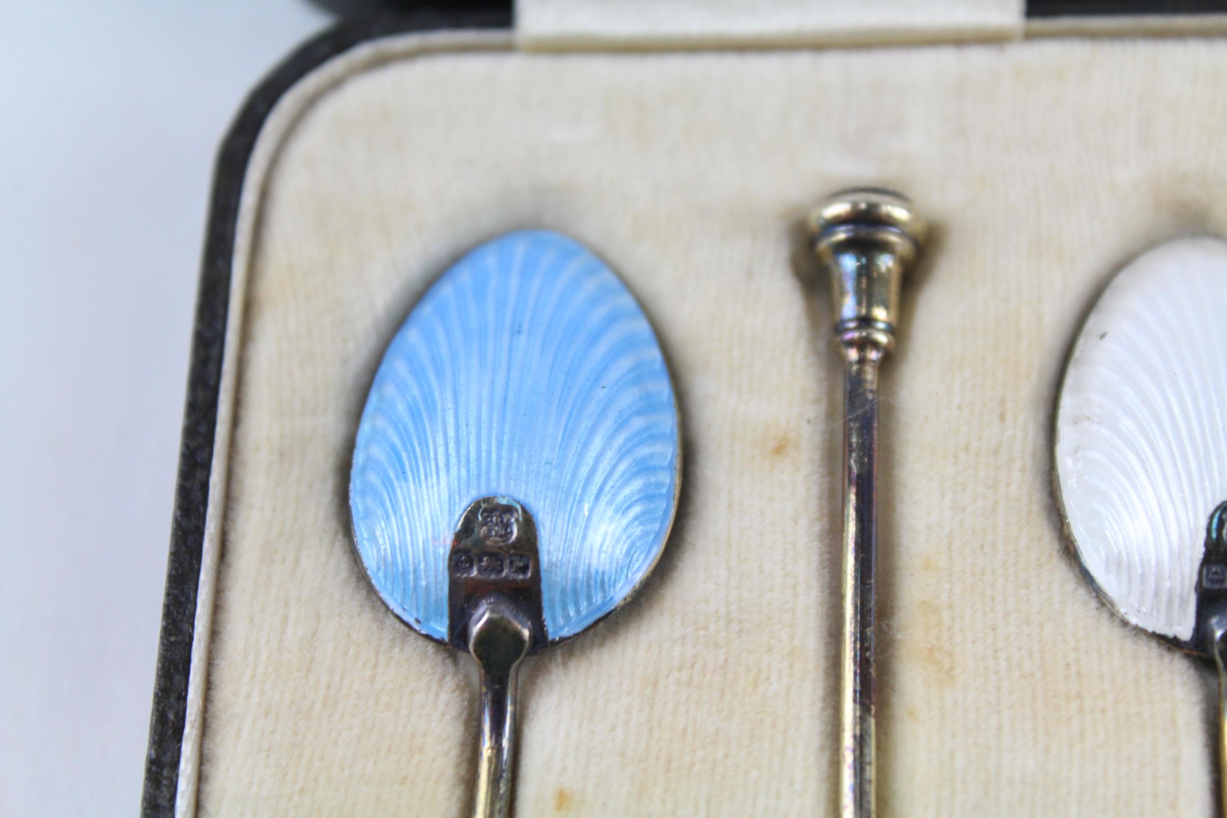 6 x Antique 1914 Birmingham STERLING SILVER Guilloche Enamel Coffee Spoons 58g - w / Fitted Case - Image 2 of 8