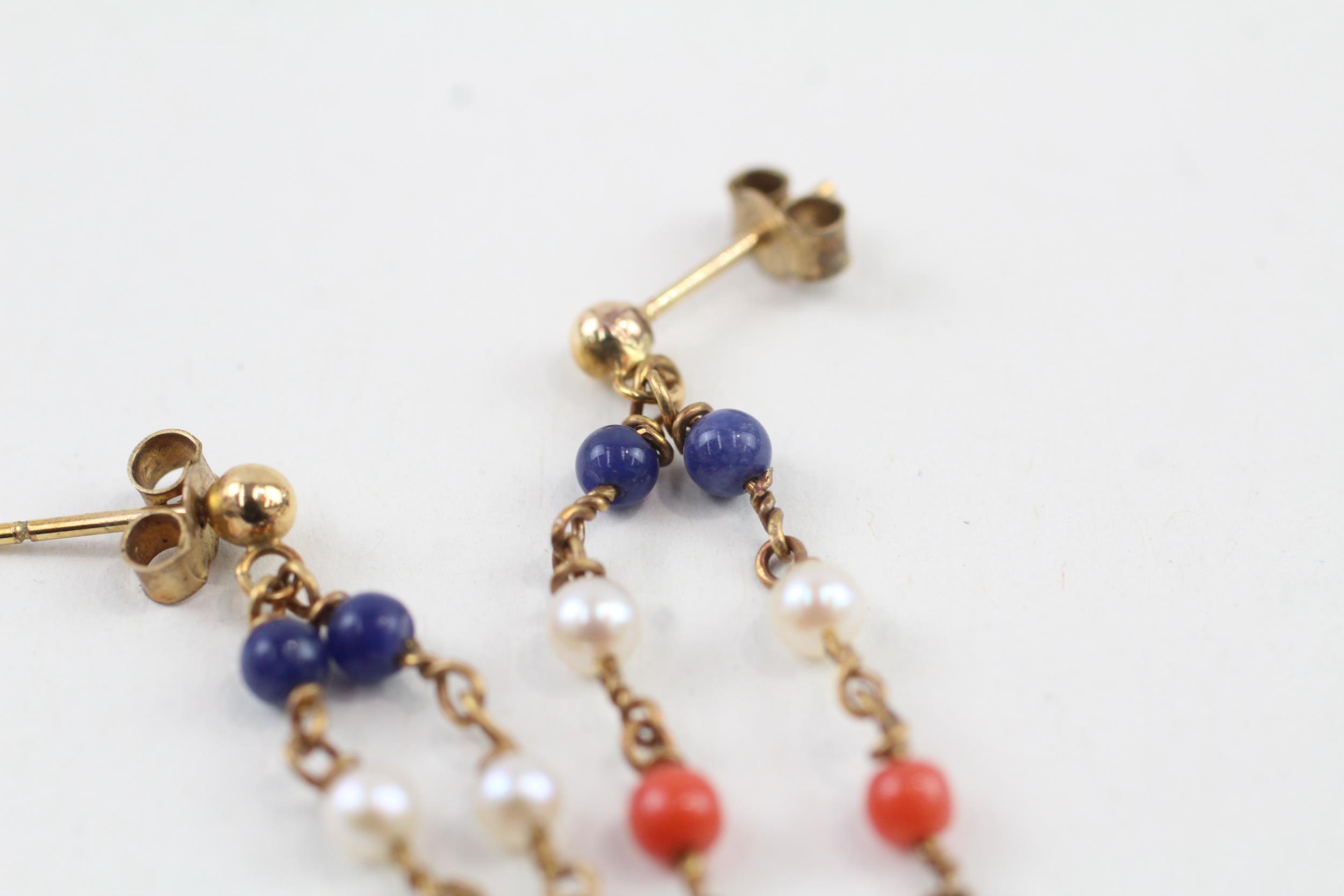 9ct gold pearl, coral & lapis lazuli double drop earrings (2.8g) - Image 3 of 5