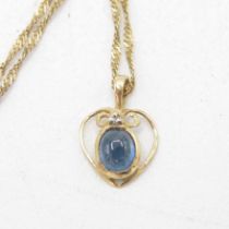 9ct gold cabochon cut sapphire & diamond pendant necklace (1.1g)