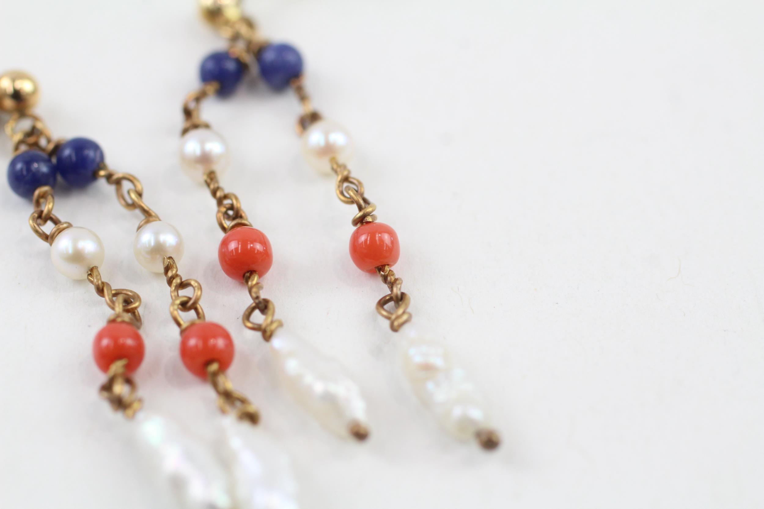 9ct gold pearl, coral & lapis lazuli double drop earrings (2.8g) - Image 5 of 5