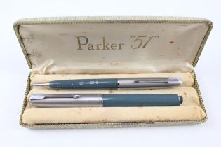 Vintage PARKER 51 Grey Fountain Pen w/ 14ct Gold Nib, Chalk Marked Pencil, Box - w/ 14ct Gold Nib,