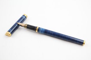 S.T DUPONT Navy Blue Lacquer & Gold Plate Fountain Pen w/ 18ct Gold Nib WRITING - w/ Enamel Detail