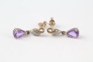 9ct gold amethyst & diamond vintage drop earrings with scroll backs (1.4g)