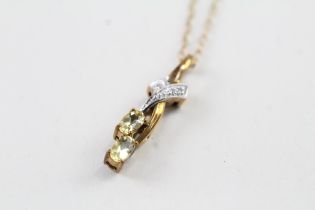 9ct gold oval cut yellow gemstone & diamond drop pendant necklace (3.1g)