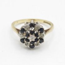 9ct gold sapphire & diamond vintage cluster ring (2.6g) Size M