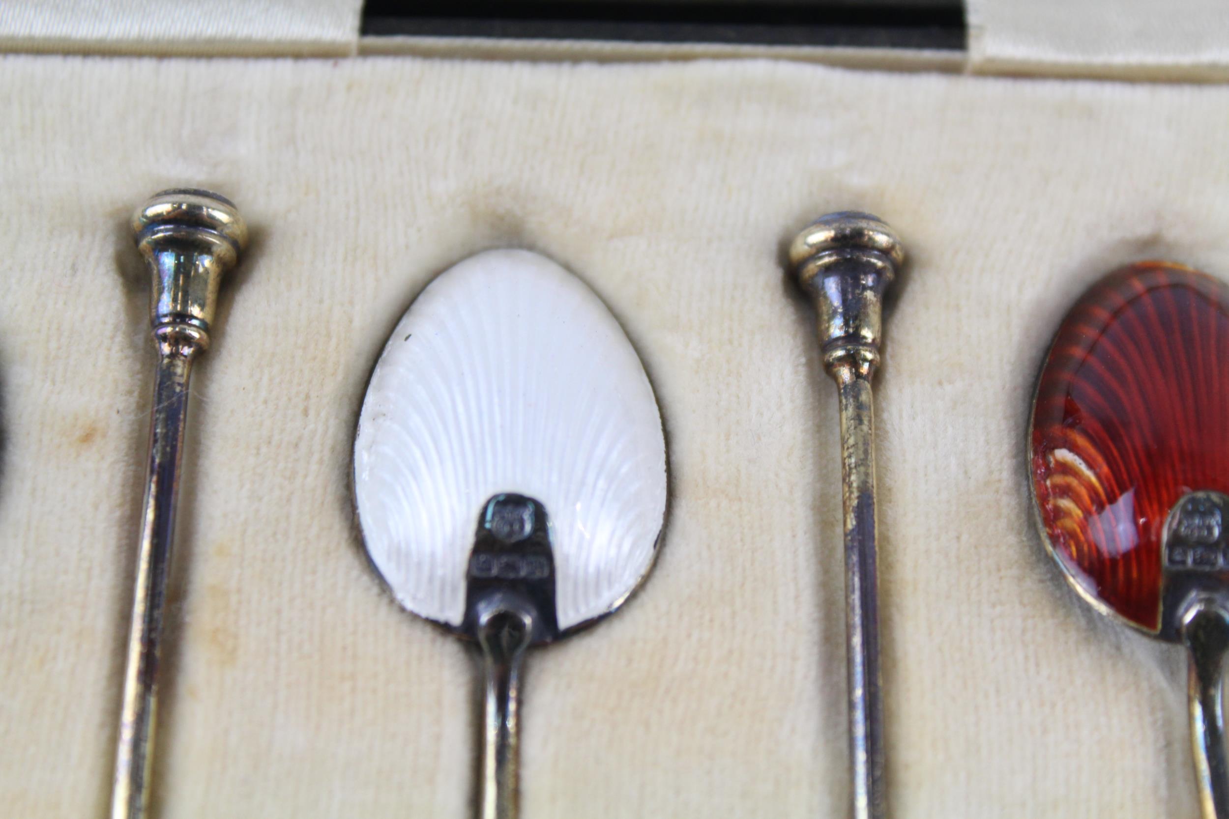 6 x Antique 1914 Birmingham STERLING SILVER Guilloche Enamel Coffee Spoons 58g - w / Fitted Case - Image 3 of 8