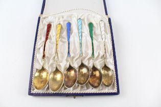 6 x Vintage Danish Stamped .925 Sterling Silver Guilloche Enamel Teaspoons (88g) - w/ Cased Length -