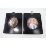 2 x Antique Hand Drawn / Hand Painted Portraits - GLASS MISSING FROM ONE FRAME Items are in
