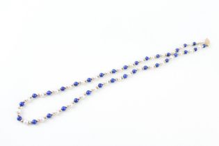 9ct gold polished lapis lazuli & cultured pearl necklace with gold beads & clasp (7.7g) Size N