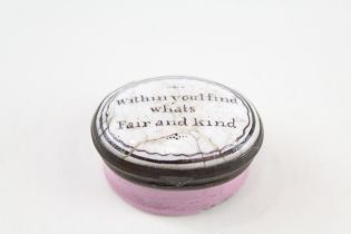 Antique Georgian Pink Enamel Patch Box 'Within You'll Find What's Fair & Kind' - Diameter - 4.5cm In