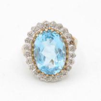 9ct gold Swiss blue topaz single stone with diamond frame cocktail ring (4.7g) AS SEEN Size K