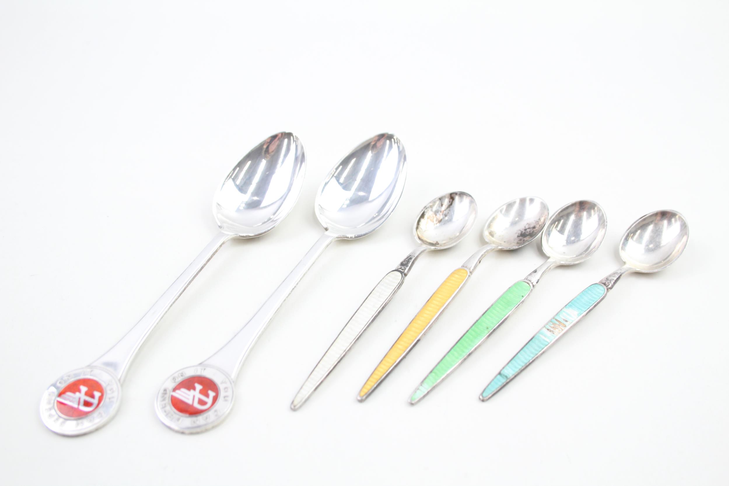 6 x Vintage Stamped .925 STERLING SILVER Teaspoons w/ Enamel (103g) - Inc Nissan Motor Co Etc In