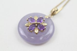 14ct gold enhaced lavander jade & amethyst floral pendant necklace (8.9g)