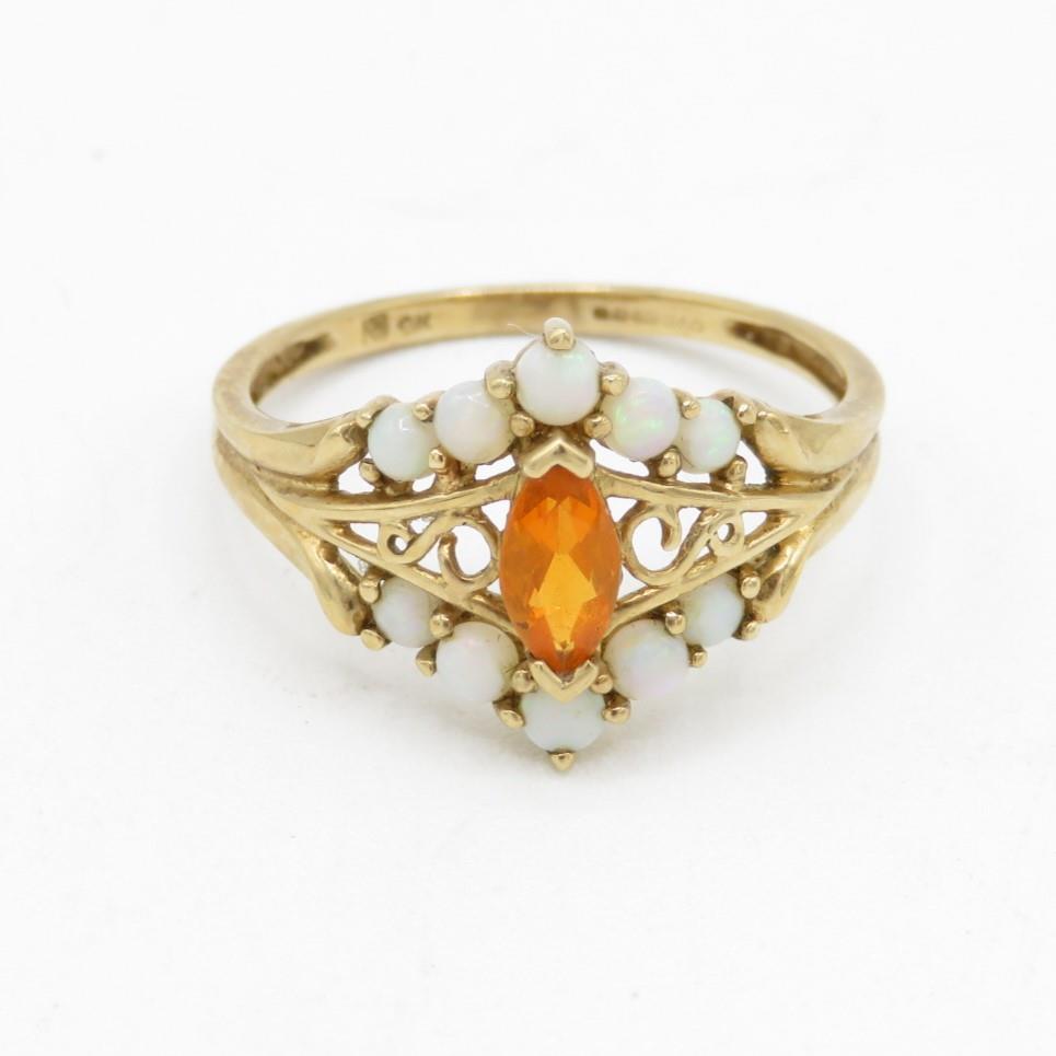 9ct gold orange fire opal with white opal frame cluster ring (2g) Size P