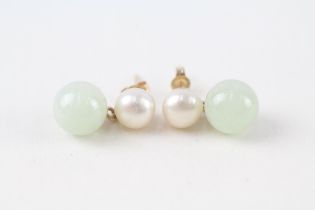 14ct gold cultured pearl and jade ball drop earrings (2.9g)