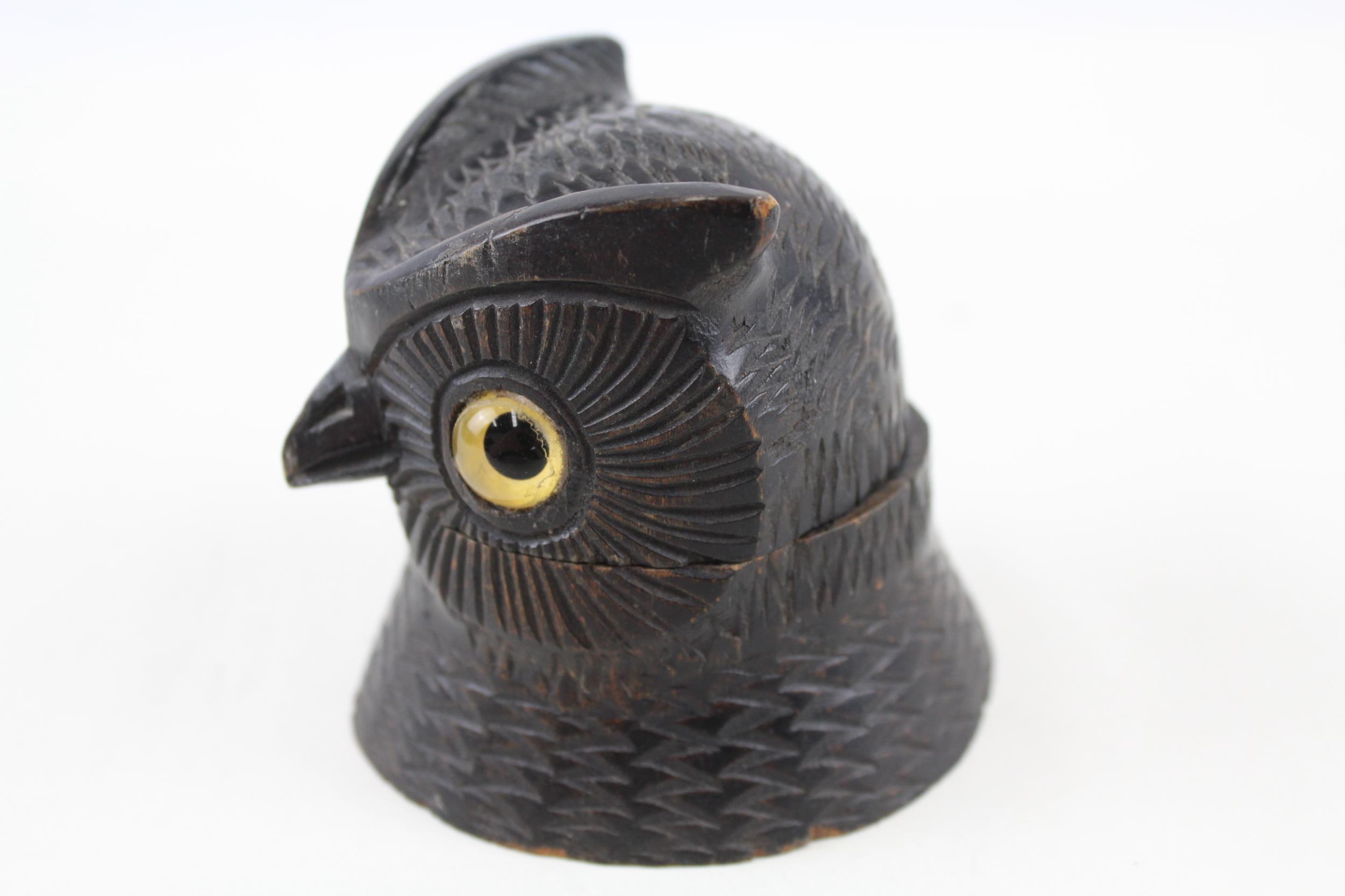 Antique 19th Century Black Forest Carved Wood Owl Head Inkwell - Height - 7.8cm In antique condition - Image 3 of 5