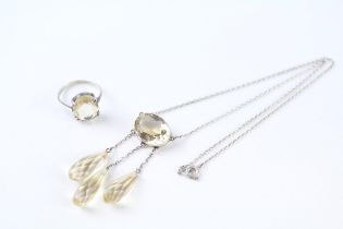 A beautiful silver antique citrine drop necklace and similar ring (10g)