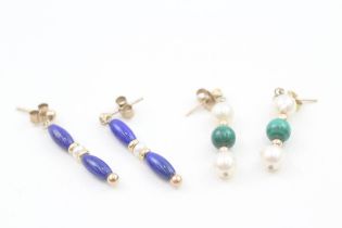 2x 9ct gold cultured pearl, malachite & lapis lazuli drop earrings (4.5g)