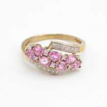 9ct gold pink sapphire & diamond dress ring (2.8g) Size S