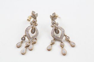 9ct gold diamond fancy drop earrings with a milgrain edge & scroll backs (3.9g)