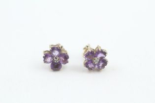 9ct gold heart cut amethyst & diamond cluster stud earrings with scroll backs (1.1g)